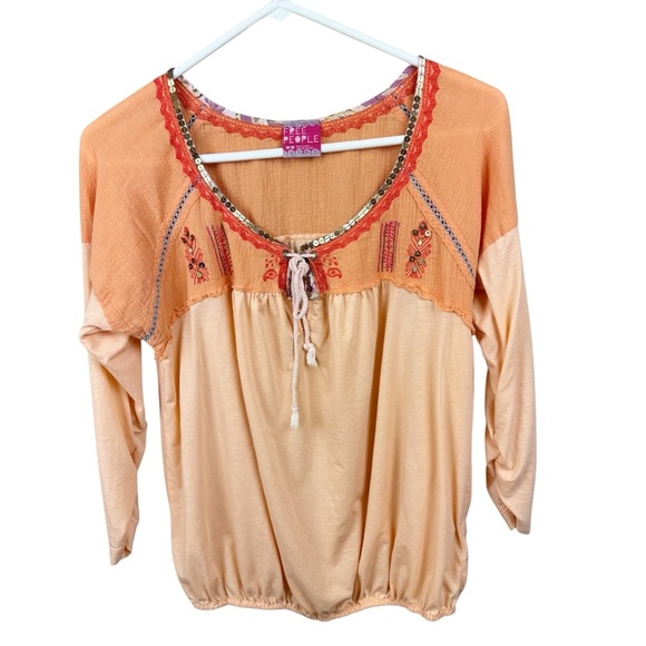 Free People Orange Tie Front Boho Festival Sequin 3/4 Ruched Sleeve Blouse - Picture 1 of 10